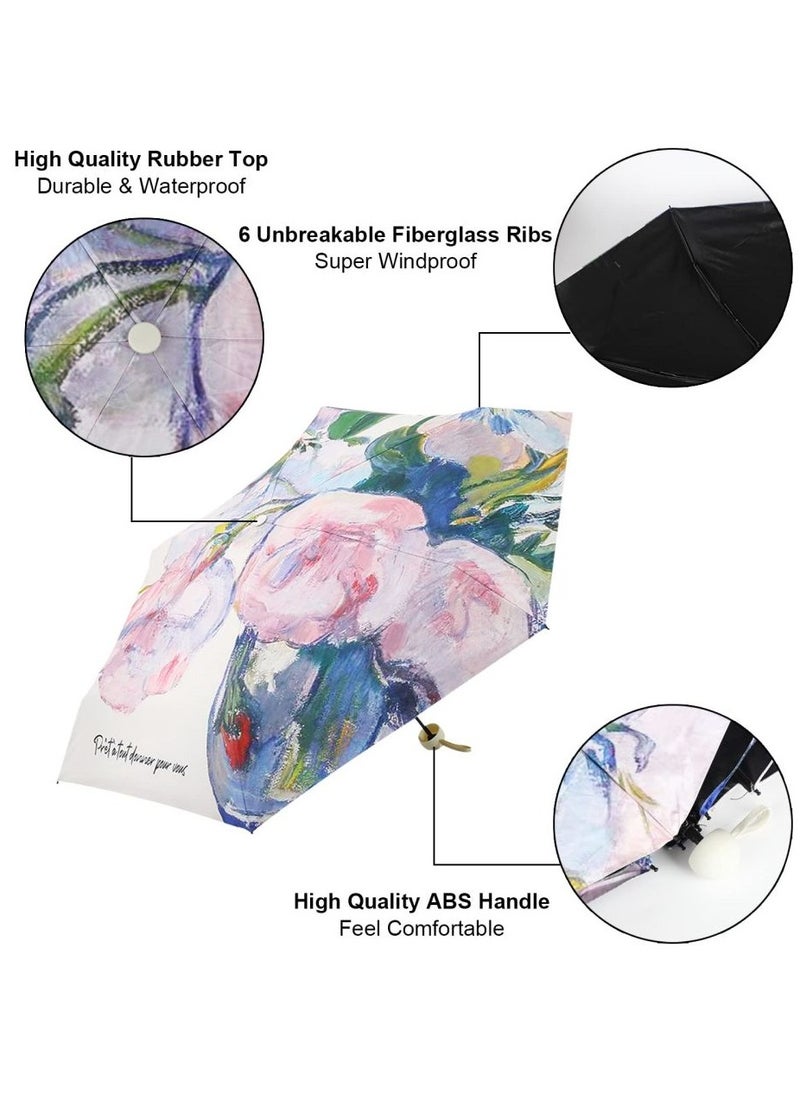 KASTWAVE - Folding Mini Umbrella, 6 Ribs Compact Umbrella Windproof Strong, Small Umbrella with Watercolour Patterns,  Men and Women,Light,Portable,UV Folding Backpack Umbrella UV Protection Travel Umbrella, - Image 1