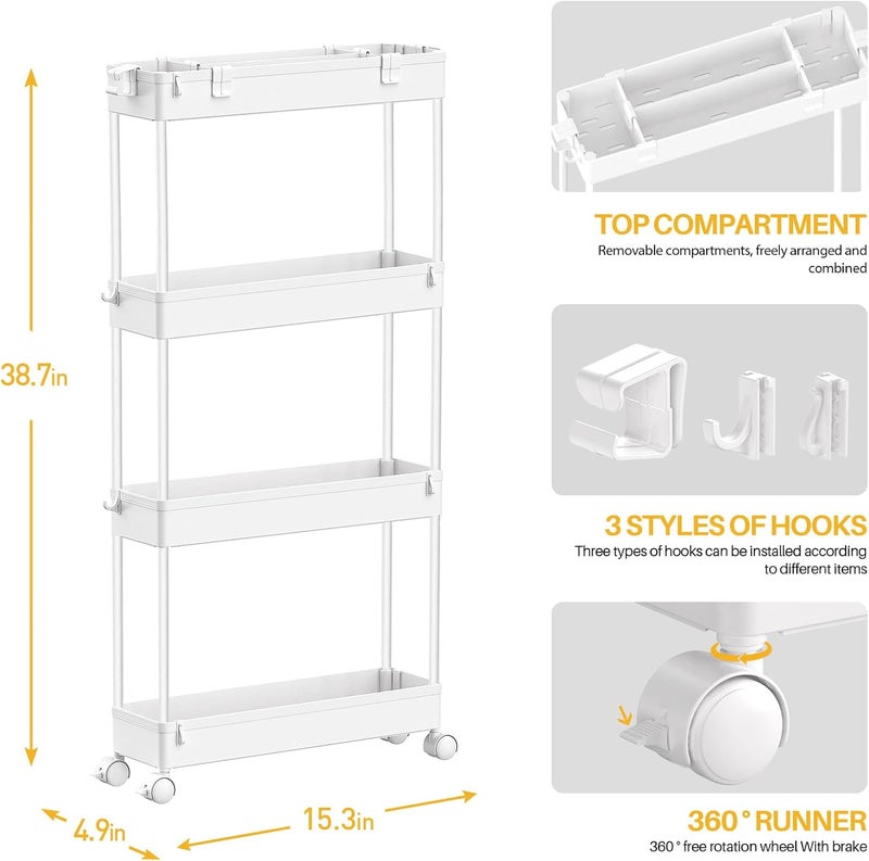 SPACELEAD SAKA Slim Storage Cart,4 Tier Bathroom Rolling Utility Cart Storage Organizer Slide Out Cart, Mobile Shelving Unit Organizer Trolley for Office Bathroom Kitchen Laundry Room Narrow Places, White - Image 3
