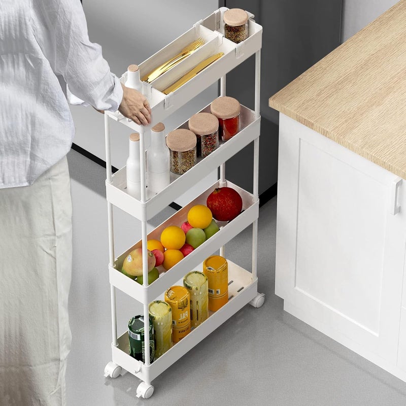 SPACELEAD SAKA Slim Storage Cart,4 Tier Bathroom Rolling Utility Cart Storage Organizer Slide Out Cart, Mobile Shelving Unit Organizer Trolley for Office Bathroom Kitchen Laundry Room Narrow Places, White - Image 2