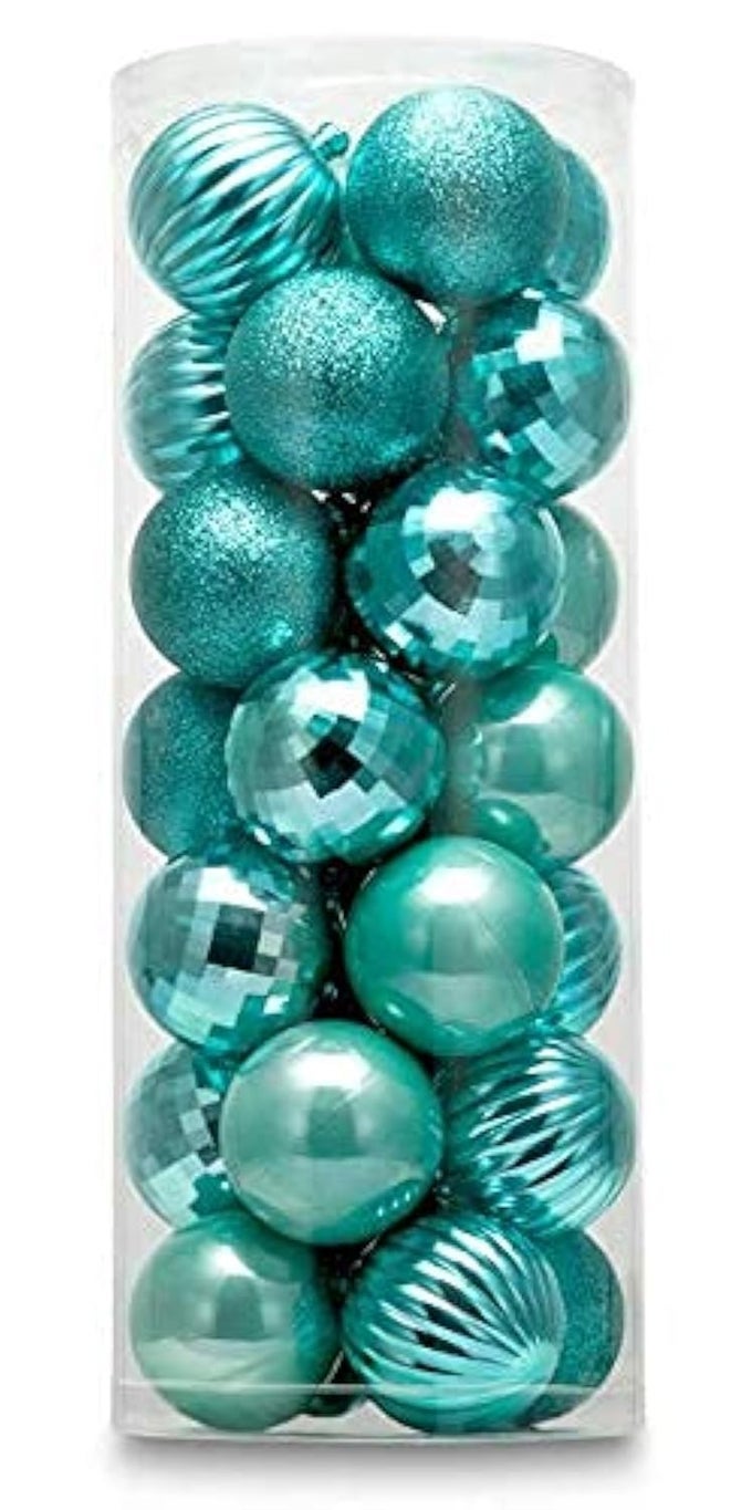 AUXOFUN SMALL SIZE 28CT SHATTERPROOF CHRISTMAS BALL ORNAMENTS IN 4 CLASSIC FINISHES FOR CHRISTMAS TREE DECORATION TURQUOISE BLUE 157 MINI SIZE