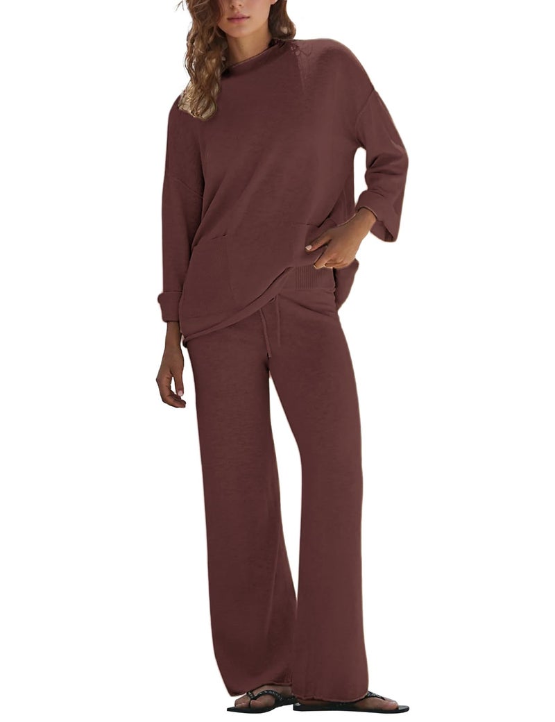 IQSQSQ Women's 2 Piece Sweater Set Long Sleeve Knit Top Wide Leg Pants Spring Fall Winter Casual Lounge Outfit(Coffee-S) - Image 1
