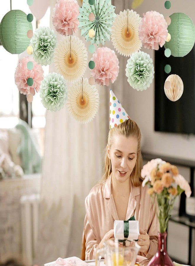 FETETIJD Sage Green and Blush Pink Party Decorations Paper Lanterns Sage Green Cream Paper Fans Light Pink Tissue Paper Pom Poms for Sage Green and Dusty Pink Birthday Baby Shower Bridal Shower Wedding - Image 2
