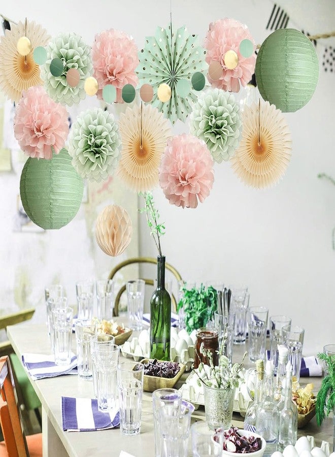 FETETIJD Sage Green and Blush Pink Party Decorations Paper Lanterns Sage Green Cream Paper Fans Light Pink Tissue Paper Pom Poms for Sage Green and Dusty Pink Birthday Baby Shower Bridal Shower Wedding - Image 4