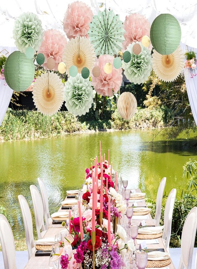 FETETIJD Sage Green and Blush Pink Party Decorations Paper Lanterns Sage Green Cream Paper Fans Light Pink Tissue Paper Pom Poms for Sage Green and Dusty Pink Birthday Baby Shower Bridal Shower Wedding - Image 5
