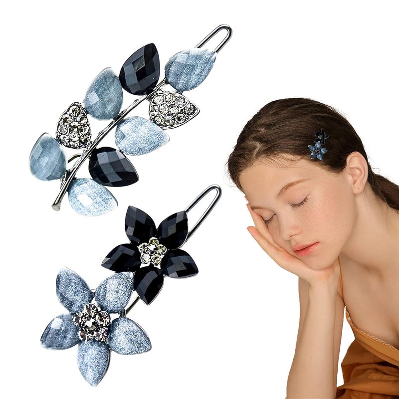 DonLeeving 2 PACK Crystal Flower Leaf Hair Clips Fashion Sparkly Glitter Rhinestones Hair Barrettes Hairpin Hair Styling Accessories