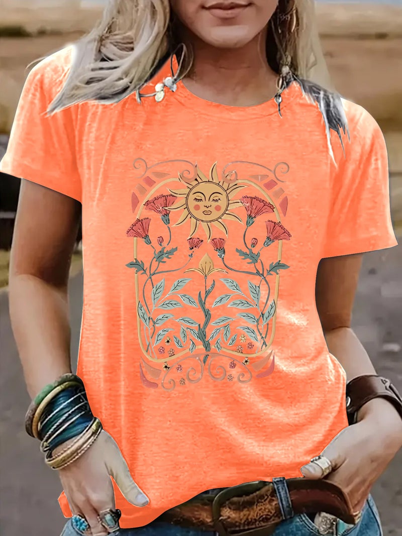 summer women's sun flower pattern printing round neck short sleeve casual fashion explosion T-shirt - Image 5