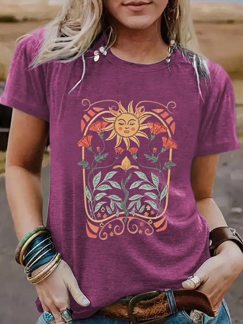 summer women's sun flower pattern printing round neck short sleeve casual fashion explosion T-shirt - Image 2