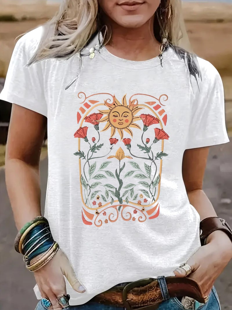 summer women's sun flower pattern printing round neck short sleeve casual fashion explosion T-shirt - Image 1