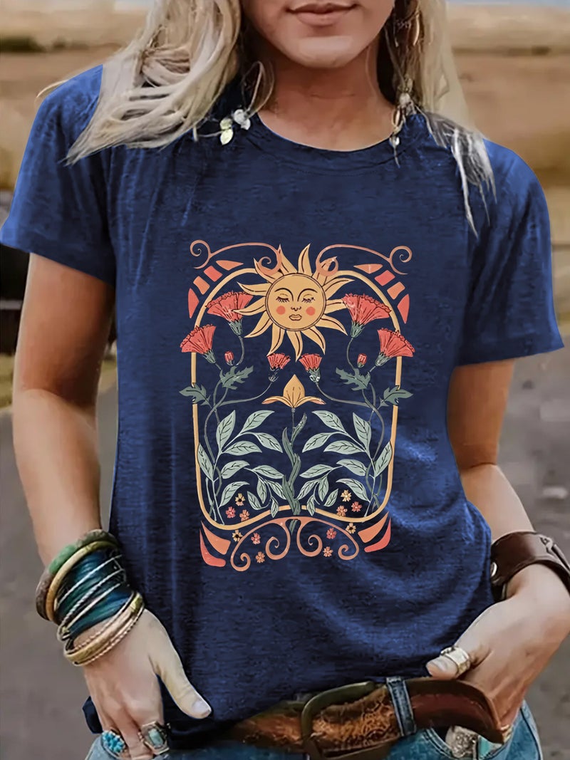 summer women's sun flower pattern printing round neck short sleeve casual fashion explosion T-shirt - Image 3