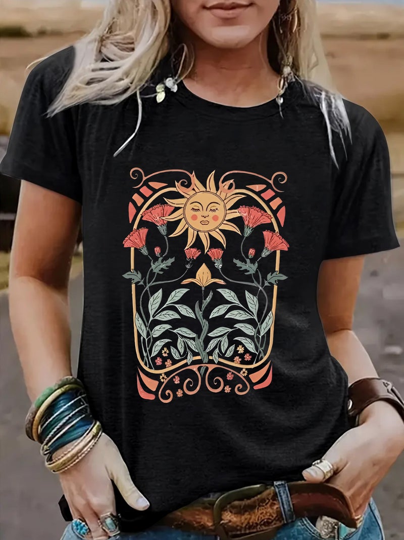 summer women's sun flower pattern printing round neck short sleeve casual fashion explosion T-shirt - Image 4