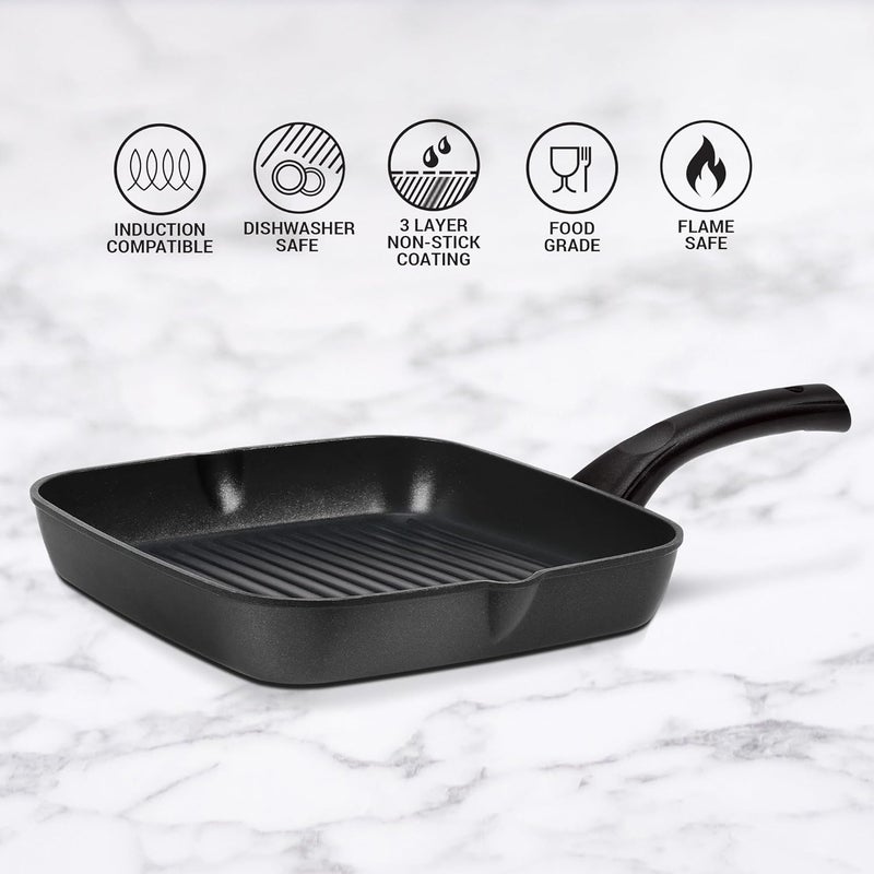 MILTON Pro cook MILTON Pro cook Grill Pan Nonstick Die Cast Grilling Square Pan 24 cm for Induction Gas Stove 3 Layer Non Stick Coated Barbeque Tandoori Roast Pan 1 Year Warranty Black - Image 3