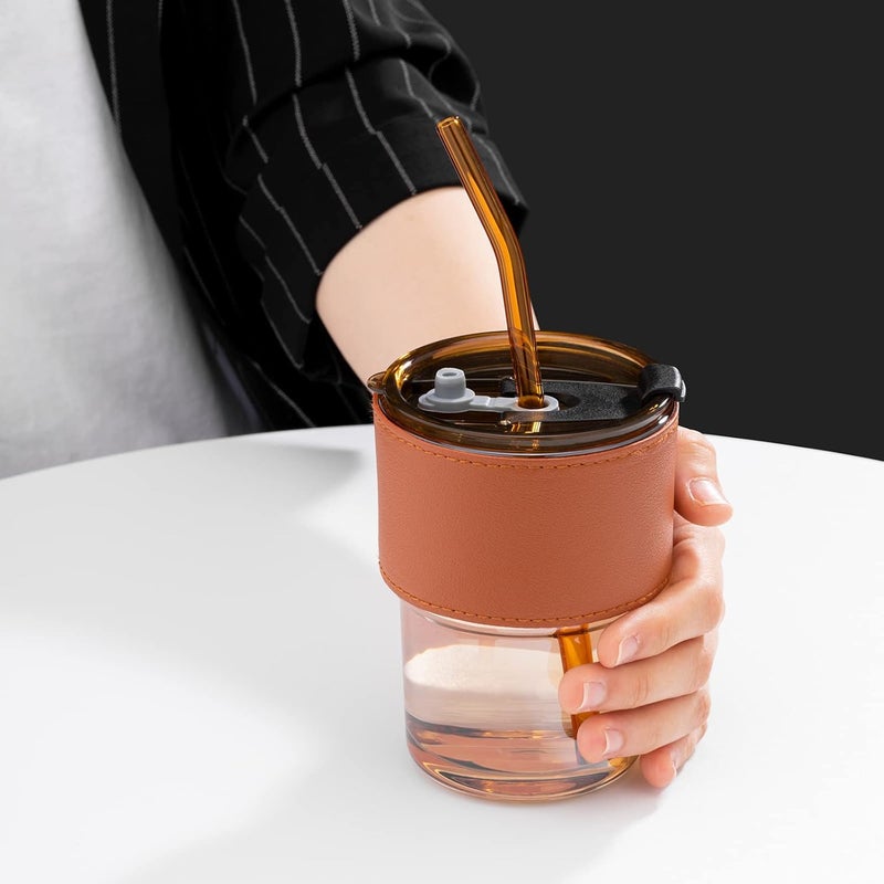 CLVJ 400ml Tumbler Water Glass Cups with Straw and Lid Sealed Carry on for Coffee Iced Tea Thick Wall Insulated Glass Cup Brown with Sleeve - Image 5