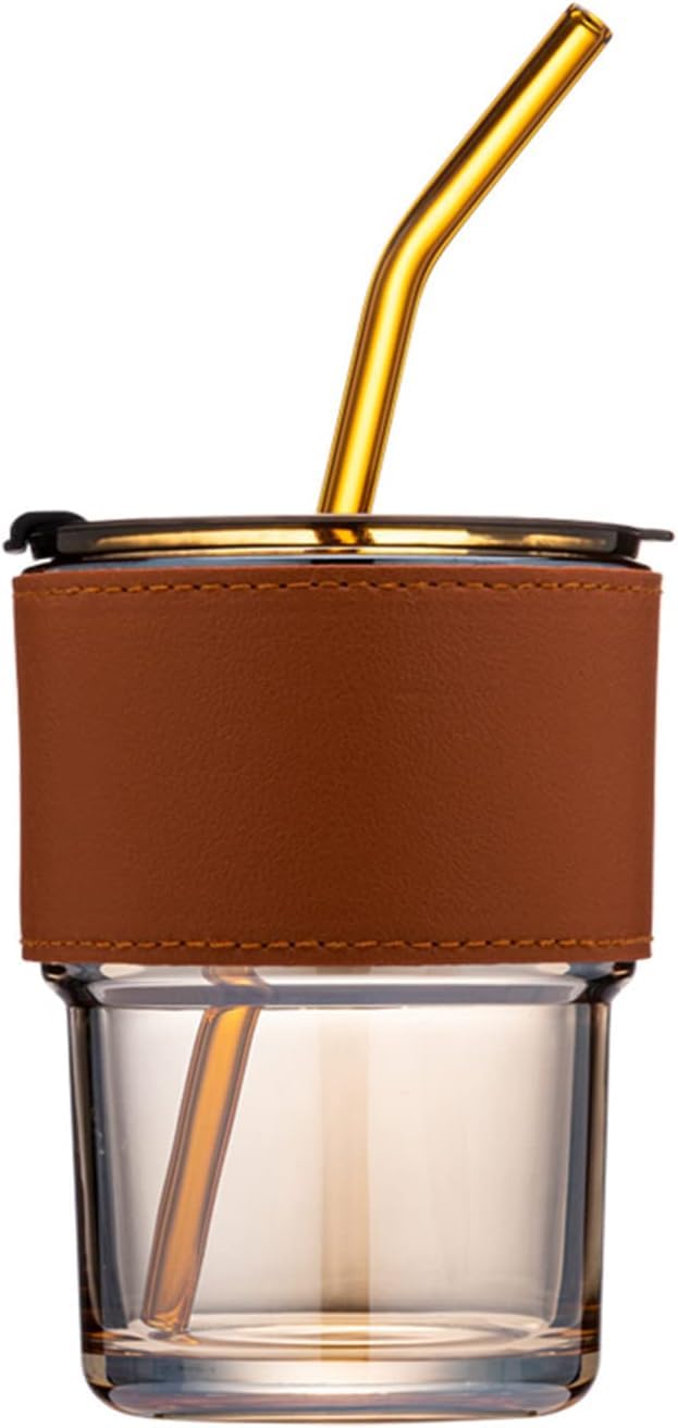CLVJ 400ml Tumbler Water Glass Cups with Straw and Lid Sealed Carry on for Coffee Iced Tea Thick Wall Insulated Glass Cup Brown with Sleeve - Image 1