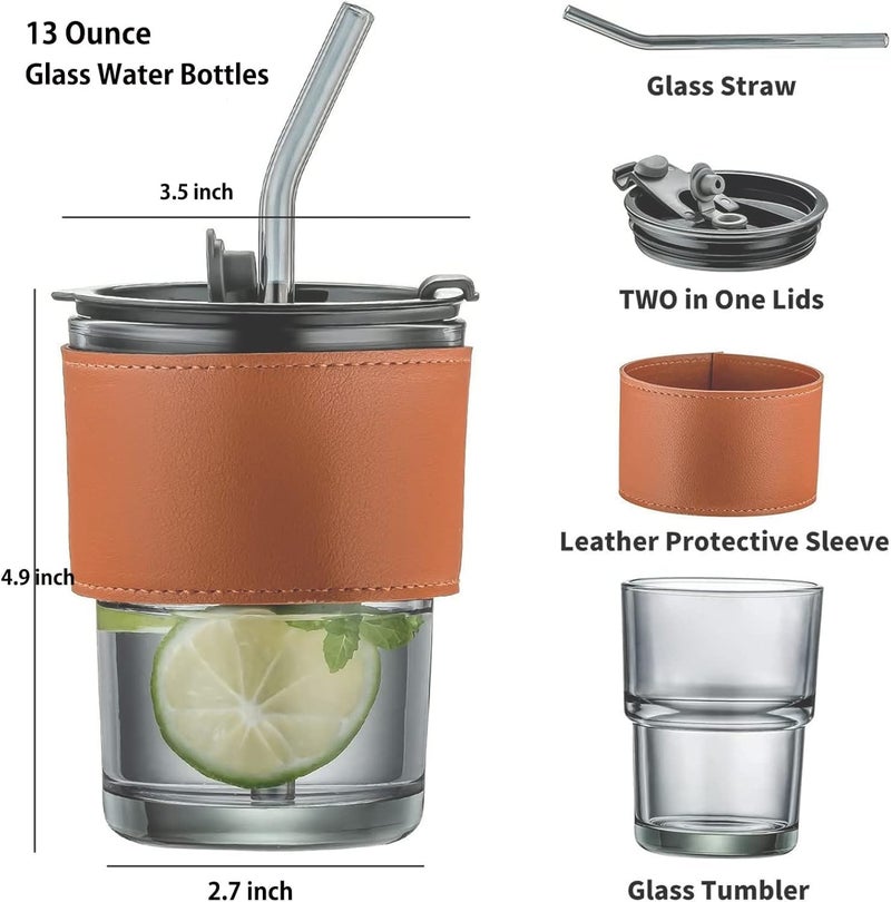 CLVJ 400ml Tumbler Water Glass Cups with Straw and Lid Sealed Carry on for Coffee Iced Tea Thick Wall Insulated Glass Cup Brown with Sleeve - Image 3