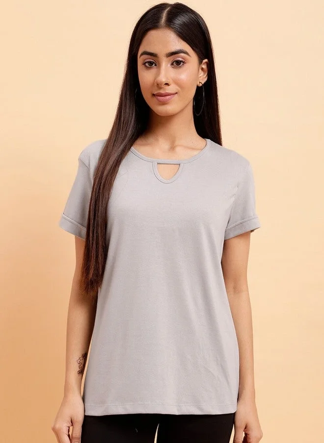 MINT STREET Grey Round Neck Cotton T-Shirt for Women