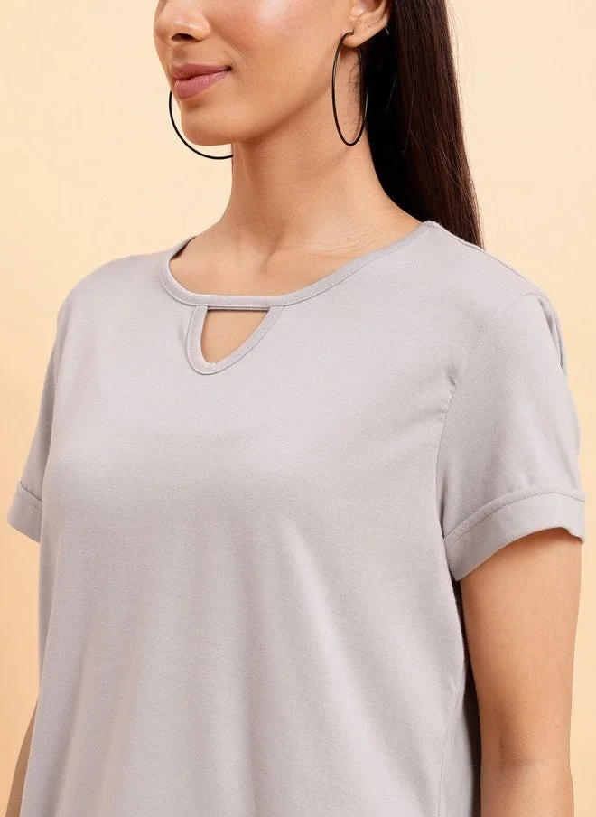 MINT STREET Grey Round Neck Cotton T-Shirt for Women