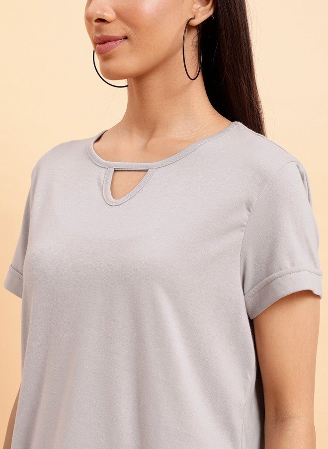 MINT STREET Grey Round Neck Cotton T-Shirt for Women - Image 2