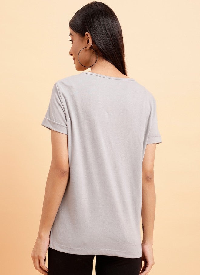 MINT STREET Grey Round Neck Cotton T-Shirt for Women - Image 4