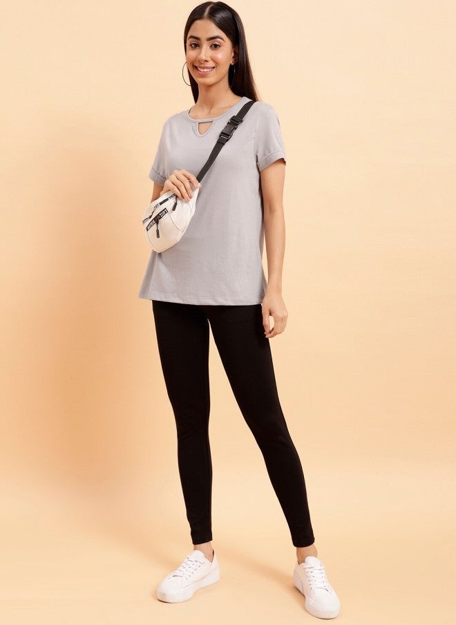 MINT STREET Grey Round Neck Cotton T-Shirt for Women - Image 5