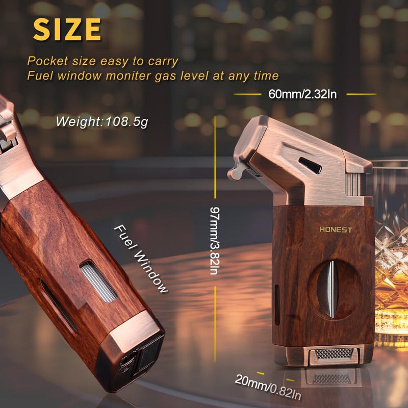 Honest ولاعة سيجار HONEST مع شعلة نفاثة مقاومة للرياح، قاطع سيجار مدمج، هدية لعيد الميلاد، ولاعات نفط قابلة لإعادة التعبئة، ولاعات رائعة متعددة الاستخدامات للتدخين، السيجار (بني) - Image 2
