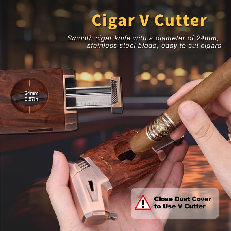 Honest ولاعة سيجار HONEST مع شعلة نفاثة مقاومة للرياح، قاطع سيجار مدمج، هدية لعيد الميلاد، ولاعات نفط قابلة لإعادة التعبئة، ولاعات رائعة متعددة الاستخدامات للتدخين، السيجار (بني) - Image 4