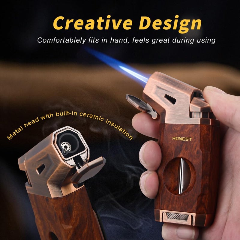 Honest ولاعة سيجار HONEST مع شعلة نفاثة مقاومة للرياح، قاطع سيجار مدمج، هدية لعيد الميلاد، ولاعات نفط قابلة لإعادة التعبئة، ولاعات رائعة متعددة الاستخدامات للتدخين، السيجار (بني) - Image 3