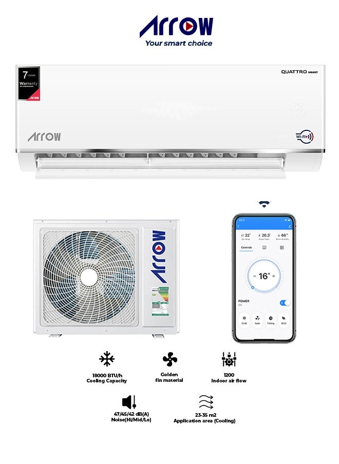 Arrow - 18,000 BTU Smart Split AC, Turbo Cooling, R410A, Golden Fin, Rotary Compressor, Quiet Operation, Cooling Only | Model Name: RO-18SHC-S - Image 1