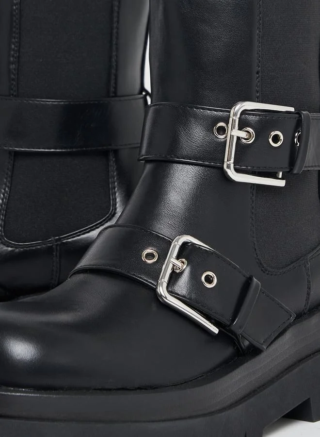 RAID Double Buckle Strap Round Toe Ankle Boots by Styli