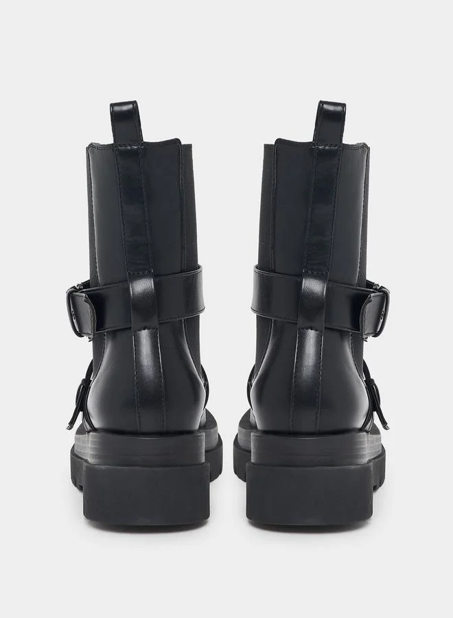RAID Double Buckle Strap Round Toe Ankle Boots by Styli