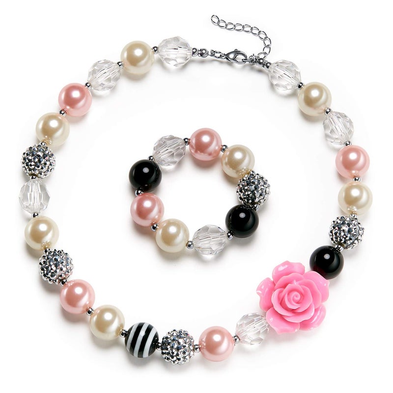 VCMART Rose Girls Cute Chunky Bubblegum Necklace and Bracelet Set Girls' Birthdays Day Gift - Image 1