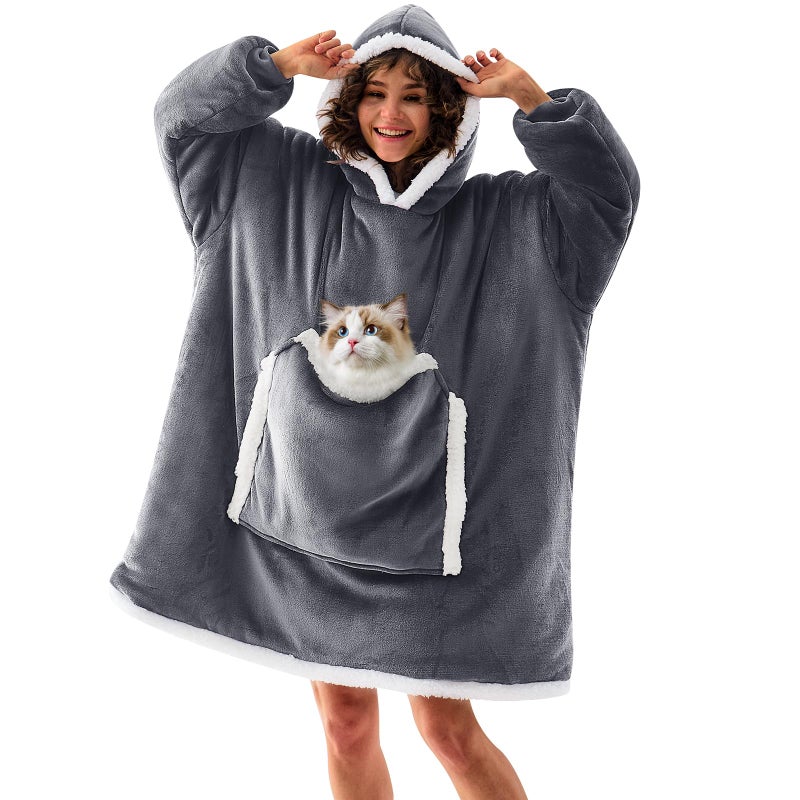 JOYWOO Wearable Blanket Hoodie, Birthday Gifts for Women Men Mom, Oversized Hooded Blanket for Adult, Cozy Fuzzy Sherpa Sweatshirt Blanket with Giant Pocket,Grey - Image 1