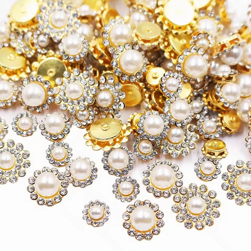 UYTRDVG 100pcs Sew on Pearls Rhinestones Crystal Gems Glass Sun Flower Jewelry with Gold Claw Mixed 8mm 10mm 12mm 14mm Sewing Flower Claw for Sewing Dress, Clothes, Shoes, Wedding Accessories(19 Pearl) - Image 1