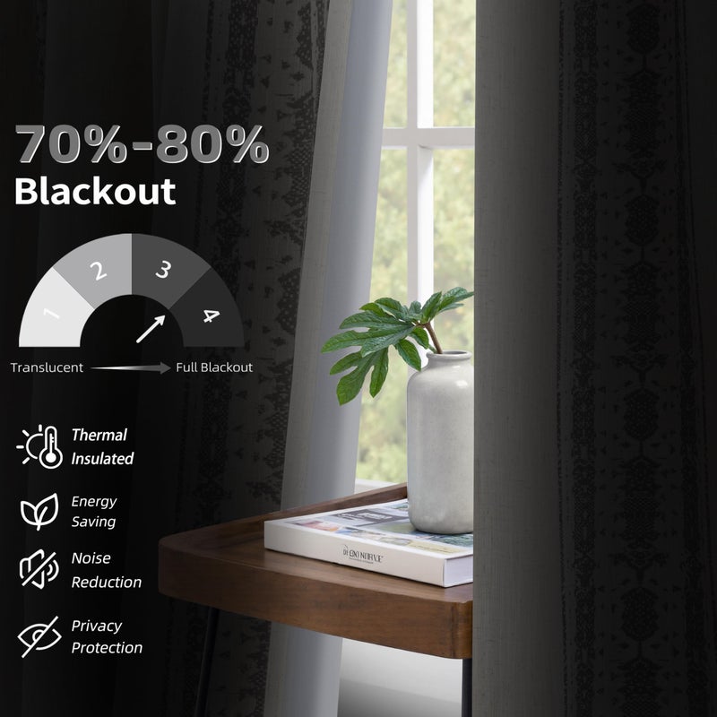 DriftAway Boho Linen Blackout Curtains Double Layer Thermal Insulated Farmhouse Vintage Retro Printed Trim Pattern Lined Drapes for Living Room Bedroom 84 Inches Long Back Tab 2 Panels Gray - Image 3