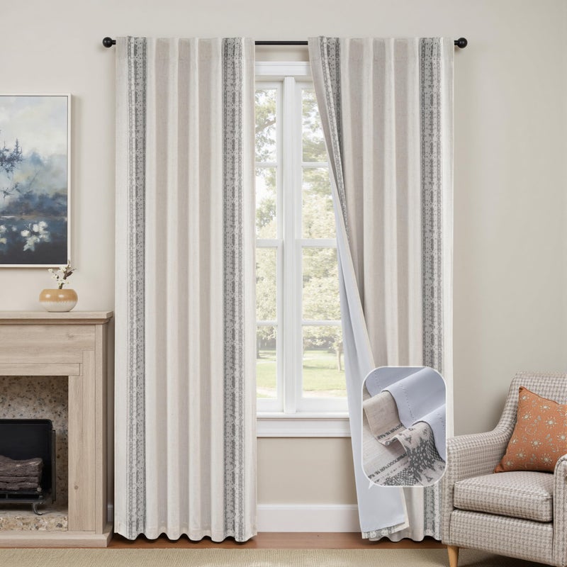 DriftAway Boho Linen Blackout Curtains Double Layer Thermal Insulated Farmhouse Vintage Retro Printed Trim Pattern Lined Drapes for Living Room Bedroom 84 Inches Long Back Tab 2 Panels Gray - Image 1