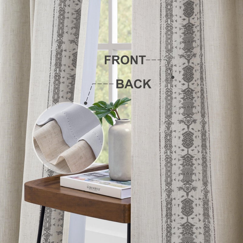 DriftAway Boho Linen Blackout Curtains Double Layer Thermal Insulated Farmhouse Vintage Retro Printed Trim Pattern Lined Drapes for Living Room Bedroom 84 Inches Long Back Tab 2 Panels Gray - Image 4
