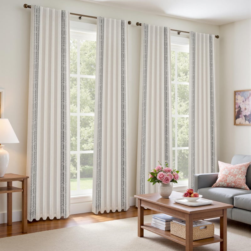 DriftAway Boho Linen Blackout Curtains Double Layer Thermal Insulated Farmhouse Vintage Retro Printed Trim Pattern Lined Drapes for Living Room Bedroom 84 Inches Long Back Tab 2 Panels Gray - Image 2
