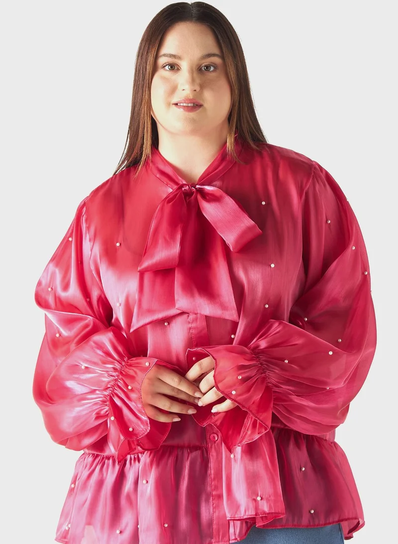 2Xtremz Embellished Tie Detail Puff Sleeve Top