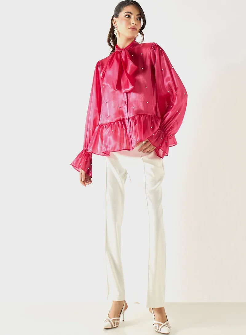 2Xtremz Embellished Tie Detail Puff Sleeve Top