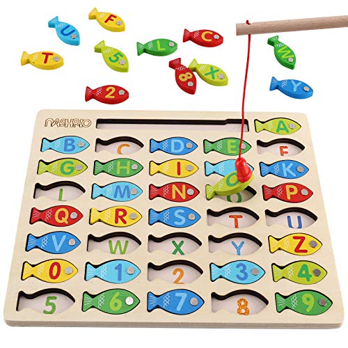 NASHRIO Magnetic Wooden Fishing Game Toy for Toddlers, Alphabet Fish Catching Counting Games Puzzle with Numbers and Letters, Preschool Learning ABC Math Educational Toys 3 4 5 Years Old Girl Boy Kids - Image 1