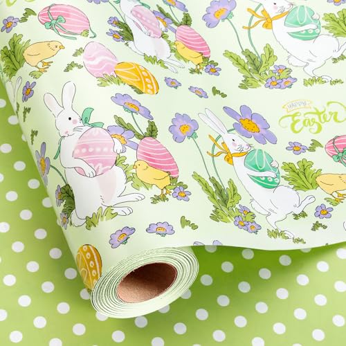 Flyhill Easter Wrapping Paper Roll Green, Cute Bunny Rabbit Gift Wrap Paper with Colorful Eggs Flowers & Polka Dots for Easter, Birthday, Baby Shower, Spring Party, Holiday(17 Inch X 33 Feet) - Image 1