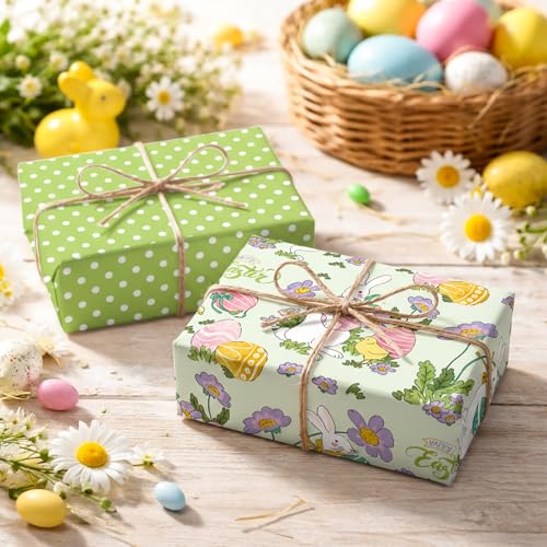 Flyhill Easter Wrapping Paper Roll Green, Cute Bunny Rabbit Gift Wrap Paper with Colorful Eggs Flowers & Polka Dots for Easter, Birthday, Baby Shower, Spring Party, Holiday(17 Inch X 33 Feet) - Image 3