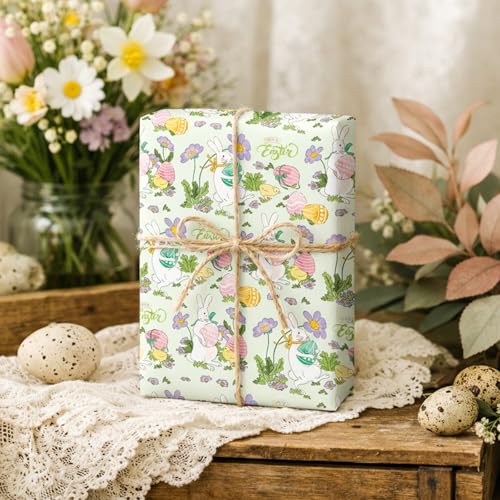 Flyhill Easter Wrapping Paper Roll Green, Cute Bunny Rabbit Gift Wrap Paper with Colorful Eggs Flowers & Polka Dots for Easter, Birthday, Baby Shower, Spring Party, Holiday(17 Inch X 33 Feet) - Image 4