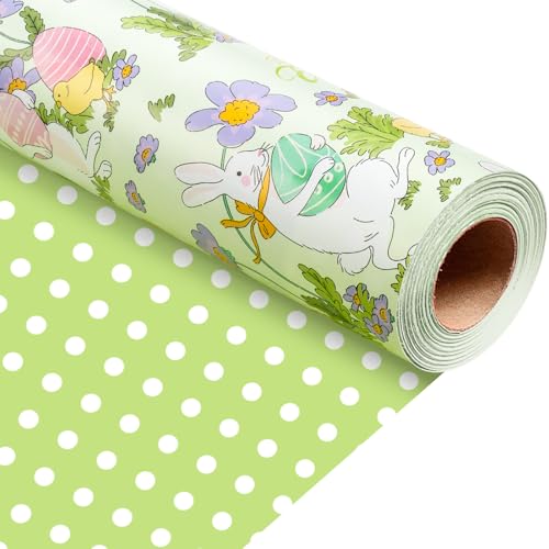 Flyhill Easter Wrapping Paper Roll Green, Cute Bunny Rabbit Gift Wrap Paper with Colorful Eggs Flowers & Polka Dots for Easter, Birthday, Baby Shower, Spring Party, Holiday(17 Inch X 33 Feet) - Image 2