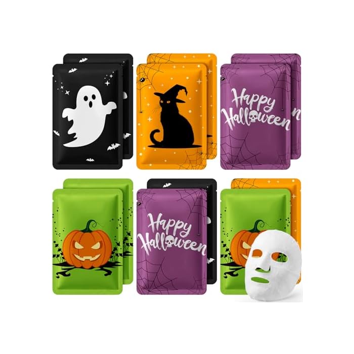 Batiyeer 12 Pcs Halloween Facial Mask Halloween Stocking Stuffers Pumpkin Ghost Black Cat Mask Sheet Bundle Moisturizing Spa Party Favors Spooky Party Supplies Skincare Gifts for Basket Stuffers