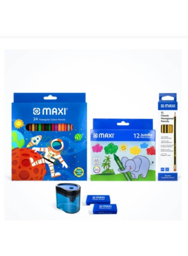 ماكسي أقلام تلوين مثلثة ماكسي 24 لون + قلم رصاص كلاسيكي HB مع ممحاة 12 قطعة + شمع تلوين جامبو 12 لون دائري 90 مم + مبراة برميل شفاف فتحة واحدة + ممحاة كلاسيكية خالية من الغبار كبير-2 قطعة - Image 1