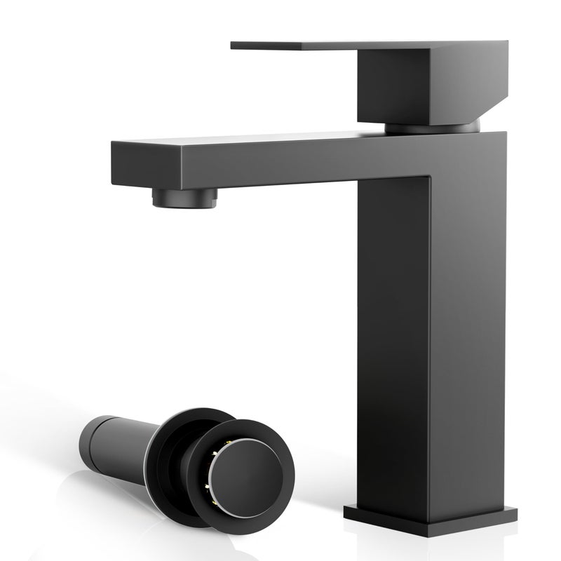 Phiestina 4 Inch Black Single Hole Bathroom Faucet Single Handle Vanity Faucet Matte Black Bathroom Faucet for Sink 1 Hole with Metal Drain with Deck Plate Overflow Water Supply line BF3530MB