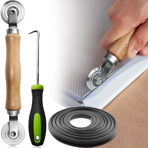 lofrcin Screen Repair kit, Screen Roller Tool, Steel Roller with Bear+32ft Screen Spline+Removal Hook, 3 in 1 Window Screen Door Repair Kit,for Installing Door Window Mesh - Image 1