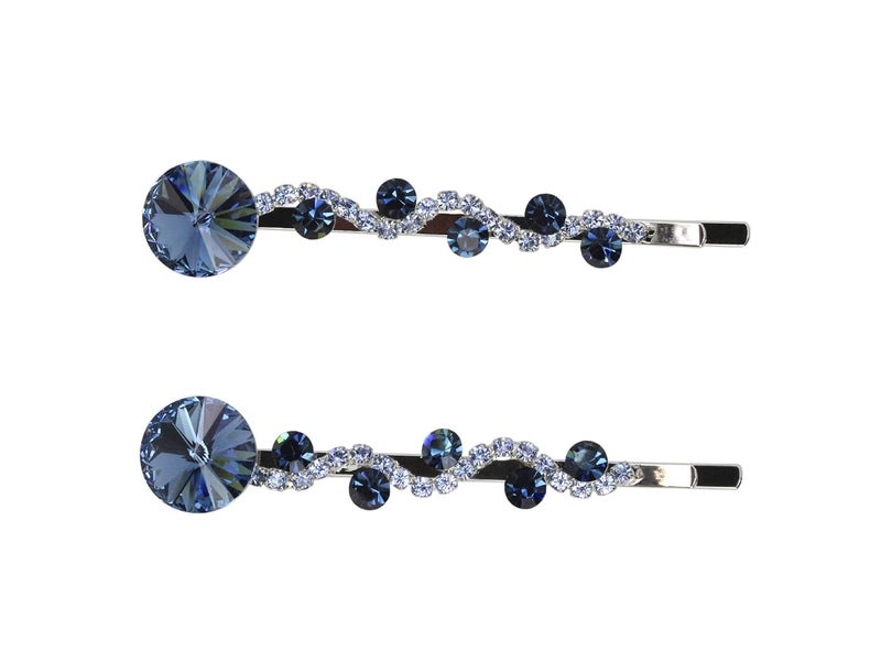 Faship A Pair Of Navy Blue Premium Rhinestone Crystal Floral Hair Clips 2 Pcs Pins  Navy Blue