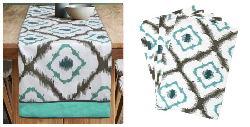 Dekor World 3 Ikat Printed Aqua Table Runner with 4 Pcs Place Mat (33x120cm/33x47cm) (Pack of 5 Pcs)-4 Seater Dinning & Center Table - Image 1