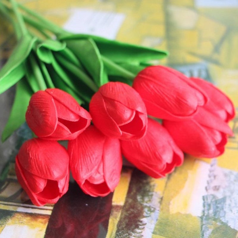 SHINE-CO LIGHTING Artificial Tulips 10Pcs Real Touch Fake Tulips PU Flower Arrangement Bouquets for Home Party Decoration (Red) - Image 2